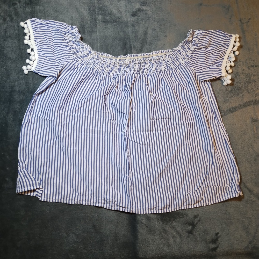 Blue & White Striped Off-Shoulder Smocked Blouse Pom-Pom Trim Coastal Women's XS